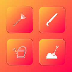 Set Garden rake for leaves, saw, Watering can and Shovel the ground icon. Vector