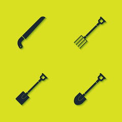 Set Garden saw, shovel, and pitchfork icon. Vector