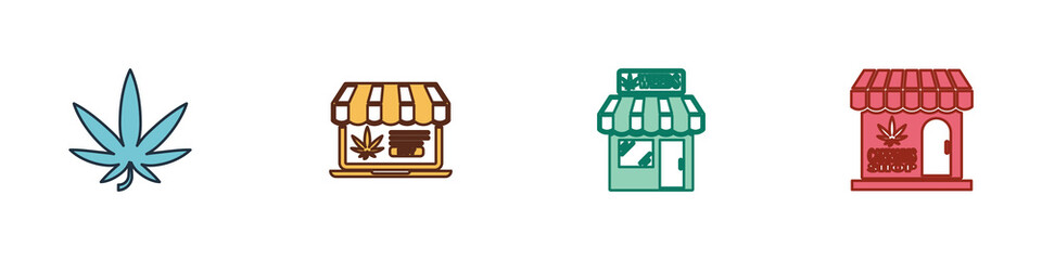Set Marijuana or cannabis leaf, Online buying marijuana, and store and icon. Vector