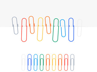 Set of colored paper clips. Vector clipart on white background with shadow. Сollection of paperclips attached to the edge of the sheet.