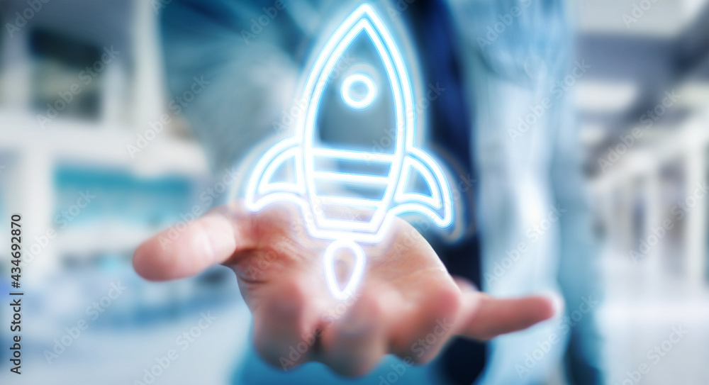 Aufkleber Man using startup digital neon interface 3D rendering