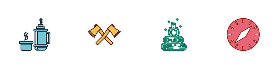 Set Thermos container, Crossed wooden axe, Campfire and Compass icon. Vector
