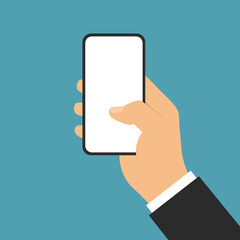Flat design illustration of business man hand. Holding a smartphone with a blank white touch screen. Isolated on green background, vector