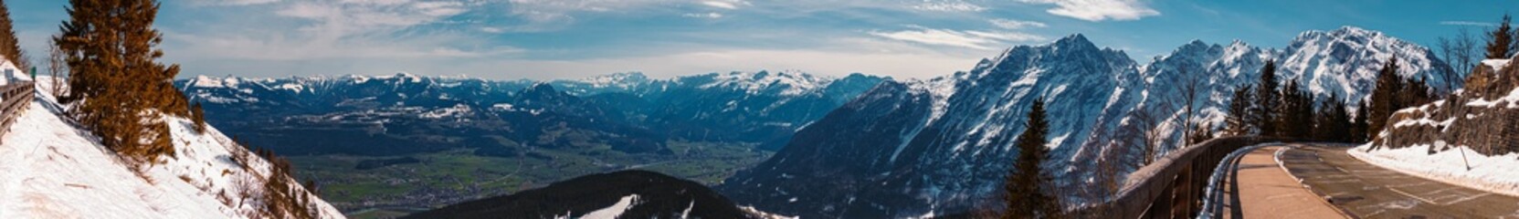 High resolution stitched panorama of a beautiful alpine spring view with snow at the famous Rossfeldstrasse near Berchtesgaden, Bavaria, Germany