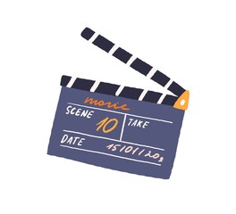 Naklejka premium Slate clapperboard for video production. Movie clapper board for filmmaking. Clapping synchronizing clapboard for cinematography. Colored flat vector illustration isolated on white background