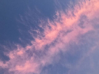 Pink colored sunset clouds on blue sky background