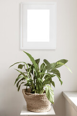 Home office concept. Empty vertical white picture frame mockup on white wall. Beige modern pot with houseplant. Elegant and trendy working space near window. Scandinavian interior design, copy space.