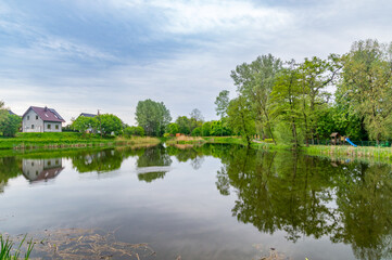Pond in park in Wojanowo, Pomeranian Voivodeship, in northern Poland.