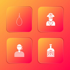 Set Gallows rope loop hanging, Pirate captain, Sailor and Alcohol drink Rum bottle icon. Vector