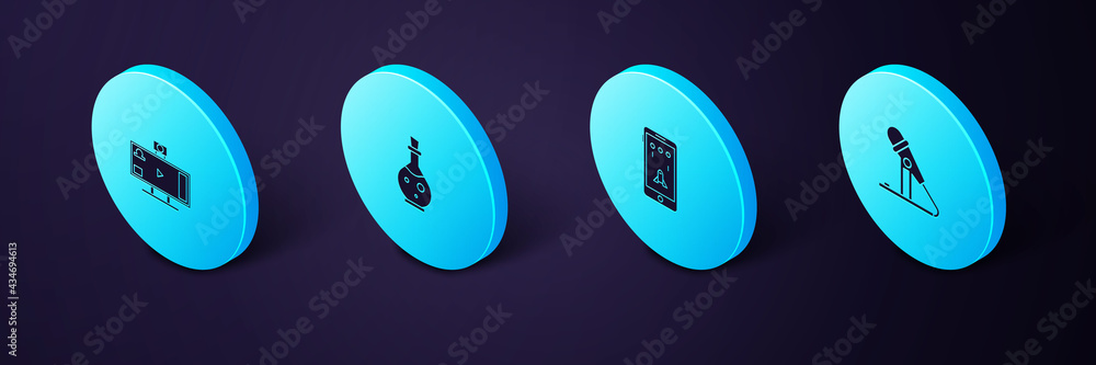Poster set isometric microphone, mobile and playing in game, bottle with magic elixir and live streaming on