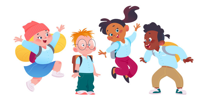 Happy school kids group with backpacks having fun together. Students characters in uniform smiling, jumping. Vector flat cartoon illustration. For ads, banners, packaging.