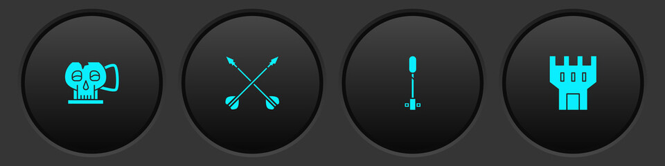 Set Cup from the skull, Medieval crossed arrows, Torch flame and Castle tower icon. Vector