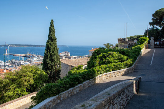 View across the bay of Cannes towards the islands of Lerins on the French Riviera from the castle of Castre in the Suquet.