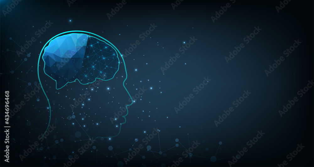 Fototapete graphic of a digital brain and human head outline made from lines and triangles, connecting on dark 