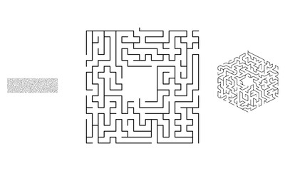 Black square maze with entrance and exit. An interesting and useful game for children. Simple flat vector illustration isolated on white background. With the answer.