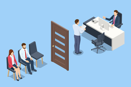Isometric Human Resources Interview Recruitment Job. HR manager and employee candidate meeting and talking. Job interview, recruitment agency