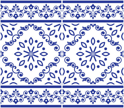 Lisbon style Azulejo tile seamless vector indigo pattern, elegant decorative design inspired by art from Portugal with floral and geometric motif

