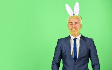 Happy Easter. Happy businessman wear rabbit ears. Bearded man celebrate Easter. Easter celebration....