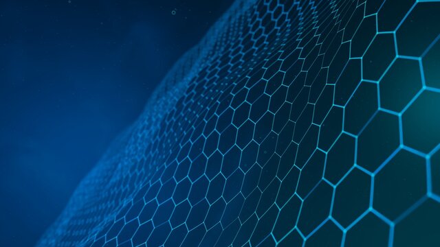 Blue hexagon technology wave background with particles. Neon glowing mesh. 3D rendering