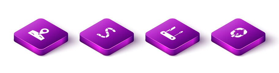 Set Isometric Location fishing, Worm, Swiss army knife and Inflatable boat icon. Vector