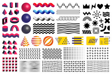 Memphis abstract geometric shapes. Flat and 3D rendering design elements set. Spheres, dot patterns, waves, triangles, halftones for yout design projects.