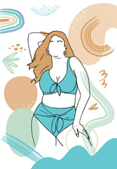 A beautiful curvy woman in bikini with abstract background. Can be used in social media, stories, posters, fashion ad.