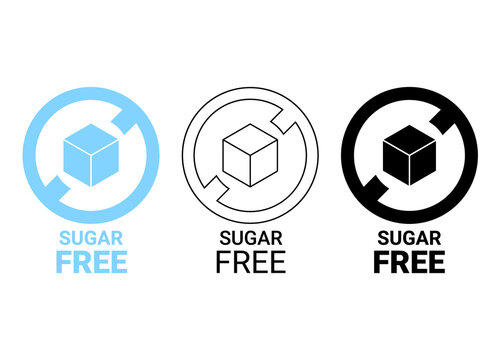 Sugar free icon. Sugar cube in circle sign. No sugar added product package design. Blue, outline and black sugar free food symbol. Vector label