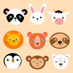 Cute vector animal doodle faces in flat cartoon style. Head design elements for nursery baby showers, prints, textile.