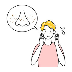 スキンケア 顔のお肌トラブルで困っている男性 小鼻の毛穴の黒ずみ そばかす イラスト シンプル ベクター