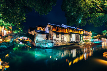 Beautiful night scenery of Zhouzhuang ancient town in Suzhou, China