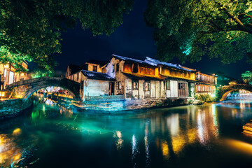 Beautiful night scenery of Zhouzhuang ancient town in Suzhou, China