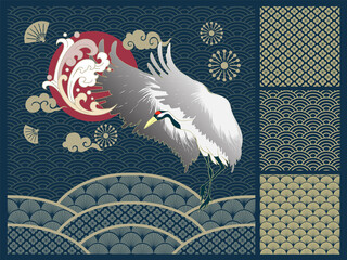 Japanese Crane Standing on One Leg with Repeat Wave Pattern, Flower Pattern, Vector Graphics Ornaments With Traditional Motives, Red Sun, Golden Clouds and Water Splash Icon Design for Wrapping Paper
