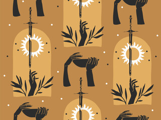 Hand drawn vector abstract stock graphic illustration sketch seamless pattern with human hands silhouette,mystic occult sun and magic sword,line art celestial pattern isolated on color background