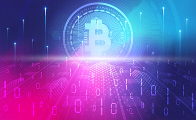 Bitcoin cryptocurrency blockchain abstract background concept, Digital technology banner pink blue background binary code, abstract tech big data, BTC digital crypto currency, coin illustration vector