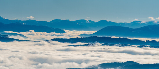 View to Velka Fatra mountains from Lysa hora hill in winter Moravskoslezske Beskydy