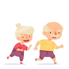 Funny grandparents on a run. Sporty oldies. Cartoon characters isolate on white background. Vector illustration