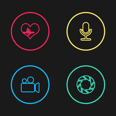 Set line Movie or Video camera, Camera shutter, Microphone and Heart rate icon. Vector