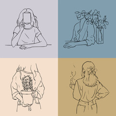 Cute aesthetic girls, romantic illustrations with paster colours. Line art