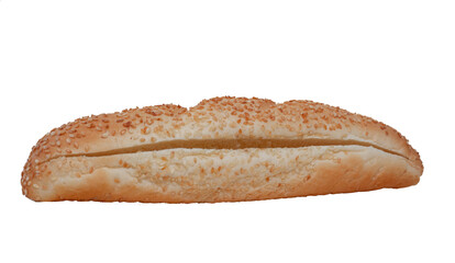 Loaf baguette isolated on white background. Bun with sesame seeds and a side cut for making sandwiches, hot dogs. Bagel isolate