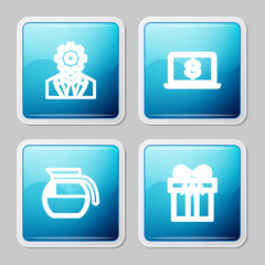 Set line Head with gear inside, Laptop dollar, Coffee pot and Gift box icon. Vector