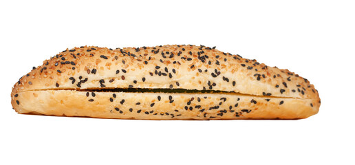 Loaf baguette isolated on white background. Bun with sesame seeds and a side cut for making sandwiches, hot dogs. Bagel isolate