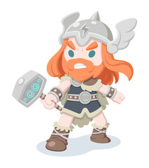 Cute style Thor, Norse mythology god of thunder cartoon illustration
