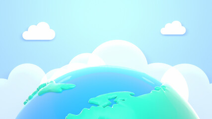 3d rendering cartoon earth, white clouds paper craft, and blue sky.