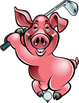 cartoon style pig playing golf