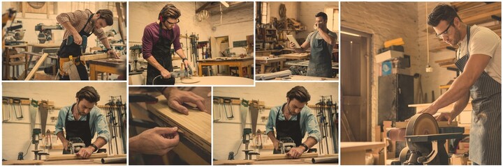 Composite of seven image of male carpenter working in workshop
