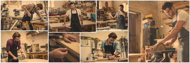 Composite of seven image of male carpenter working in workshop
