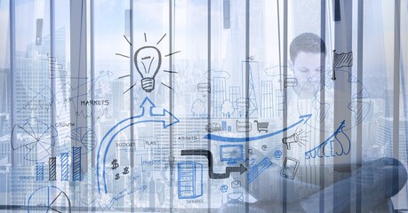 Composition of network of connections with environment icons over man in office over cityscape