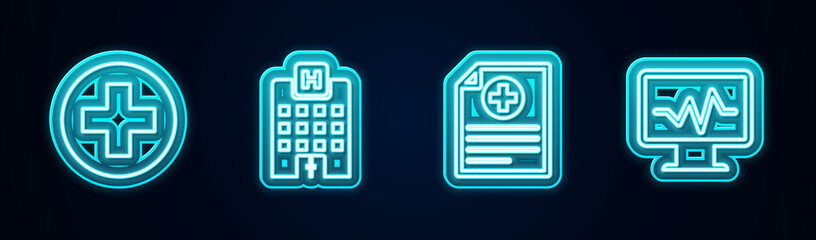 Set line Medical cross in circle, hospital building, Clinical record and Monitor with cardiogram. Glowing neon icon. Vector