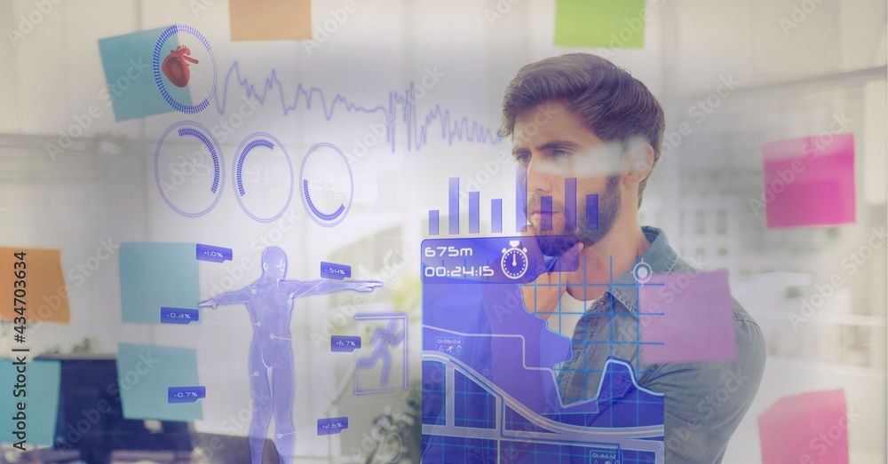 Aufkleber digital interface with data processing against man reading memo notes at office