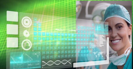 Periodic table and medical data processing over portrait of female surgeon smiling at hospital